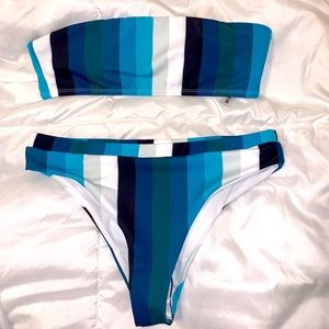 Brand new multi blue striped bandeau bikini
